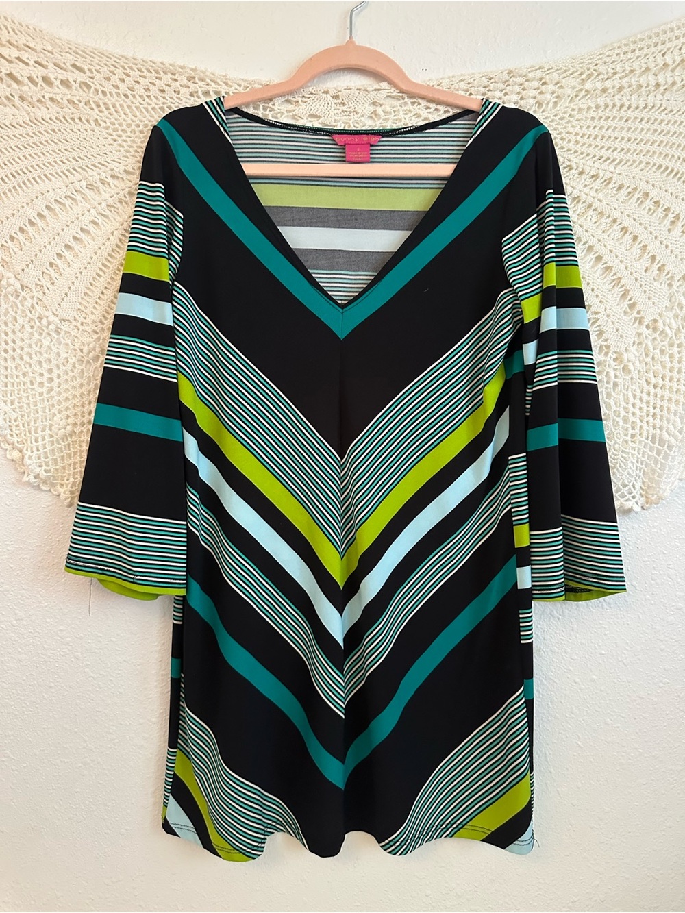 Sunny Leigh Striped V-Neck Tunic with Teal & Lime Accents